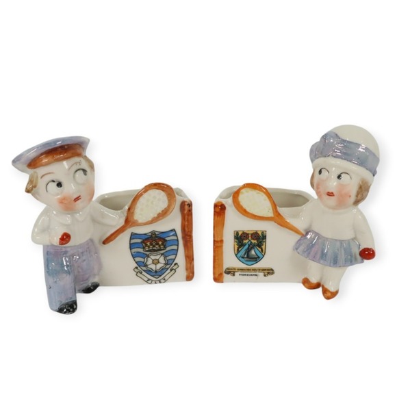 Other - Antique German Porcelain Deco Googly Eye Tennis Figurines Toothpick Match Holder